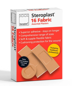 Steroplast Strong Premium Fabric Assorted Plasters – 3 Assorted Sizes – Box of 16